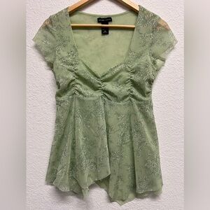 *New York & Co Vintage Women’s Hippie Babydoll Shirt Faerie Top Green Floral M